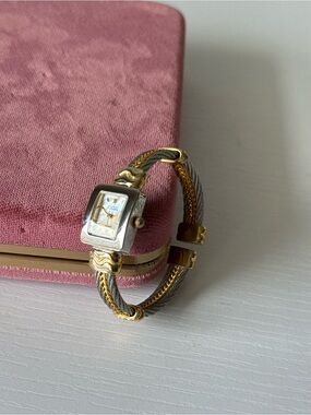 Opticks Women’s Cable Cuff Quartz Watch Two Tone Silver Gold New Battery